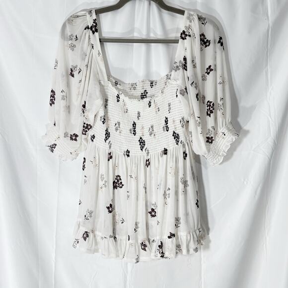 Free People Delta Dawn Floral Mesh Smocked Top M half Sleeve Boho Peasant Blouse - Picture 3 of 5